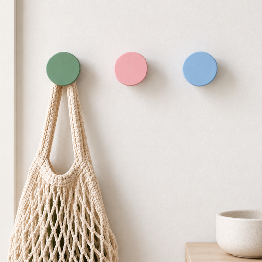 Three round wall hooks in green, pink, and blue hang on a light beige wall, with a cream-colored woven mesh tote bag hanging from the left hook.