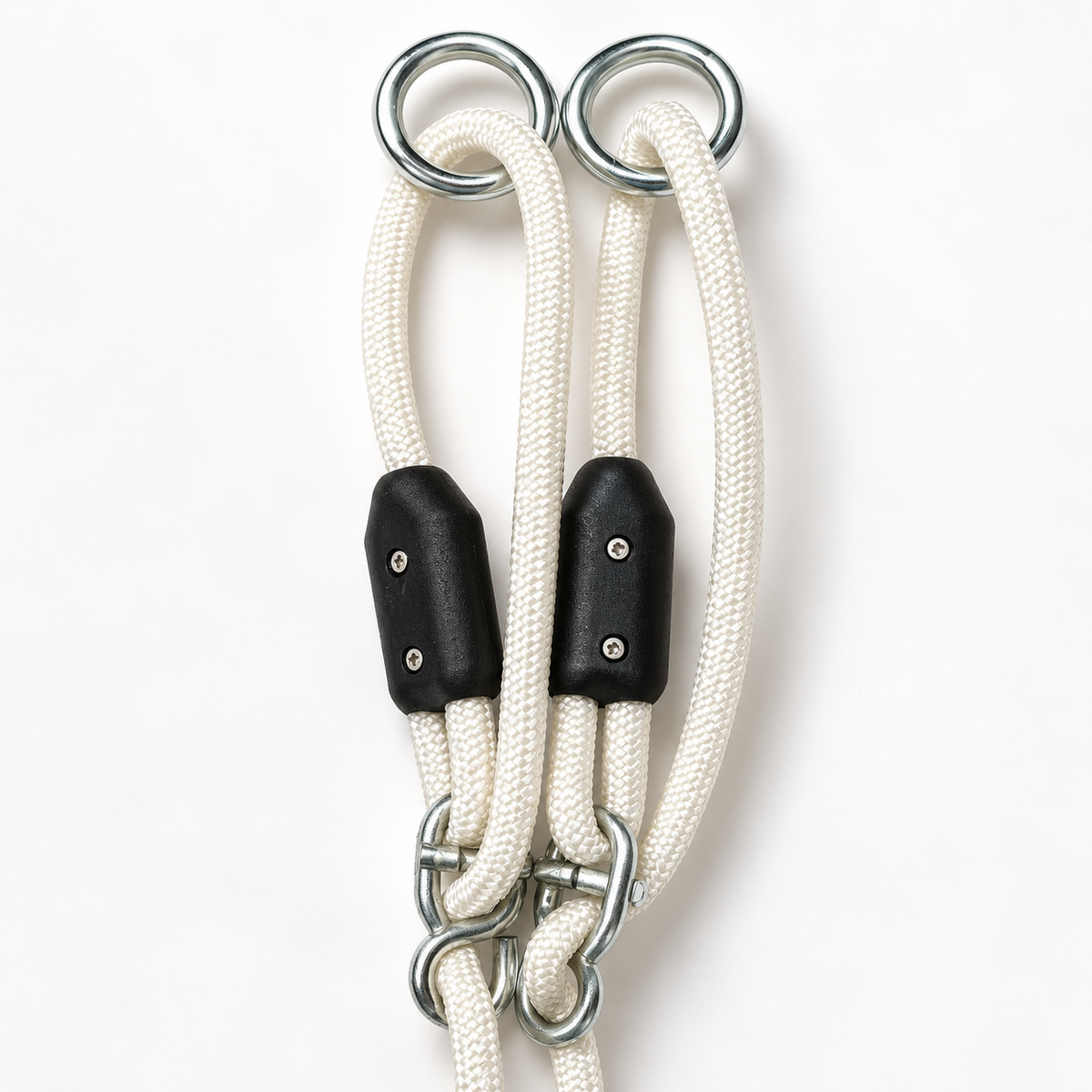 Two off-white braided rope straps with black leather-like connectors and silver metal rings and clips, shown on a clean white background.