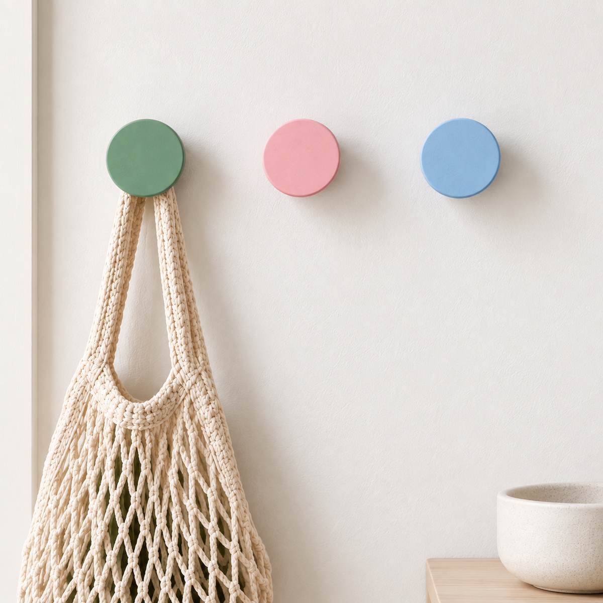 Three round wall hooks in green, pink, and blue hang on a light beige wall, with a cream-colored woven mesh tote bag hanging from the left hook.