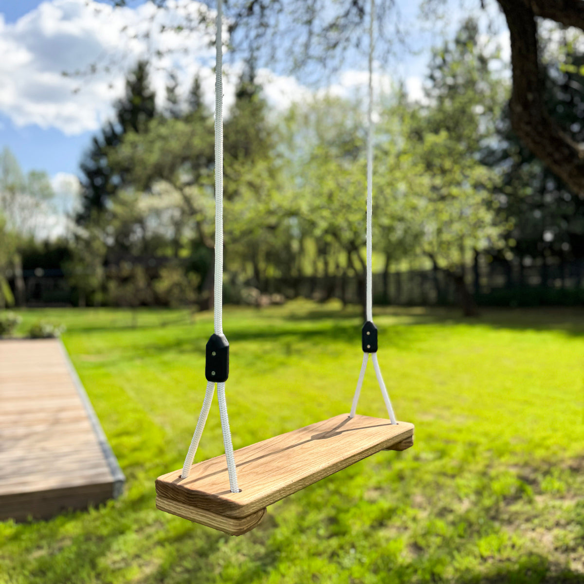 Wooden swing hanging from a tree in a park with grass and trees in the background.
