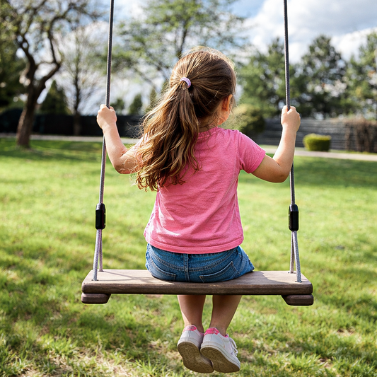 A young girl with a ponytail sits on a wooden swing in a grassy backyard, viewed from behind. She is wearing a pink t-shirt, blue denim shorts, and white sneakers.