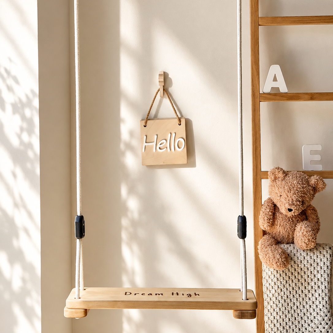 A wooden swing with white ropes and black plastic connectors hangs against a beige wall with soft sunlight shadows. A small wooden sign reading 'Hello' hangs above the swing, and a teddy bear sits on a woven chair to the right next to a wooden letter shelf.